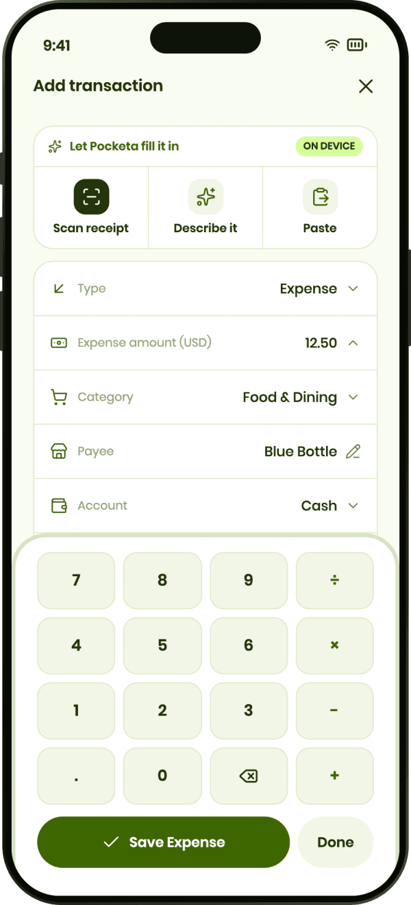 Pocketa add transaction screen with amount, category, payee and a calculator keypad