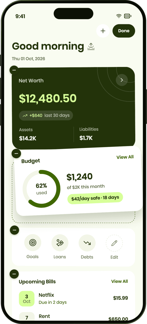 Pocketa dashboard in edit mode with a budget widget being dragged into a new position