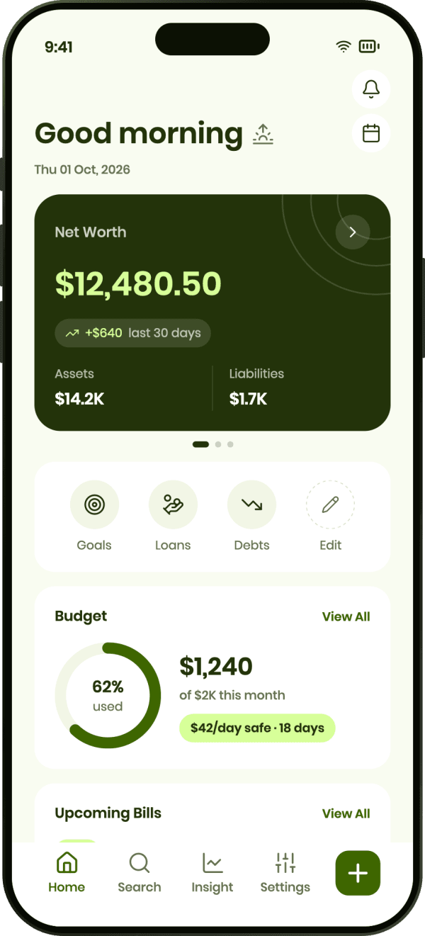 Pocketa home screen showing net worth, a monthly budget ring and upcoming bills