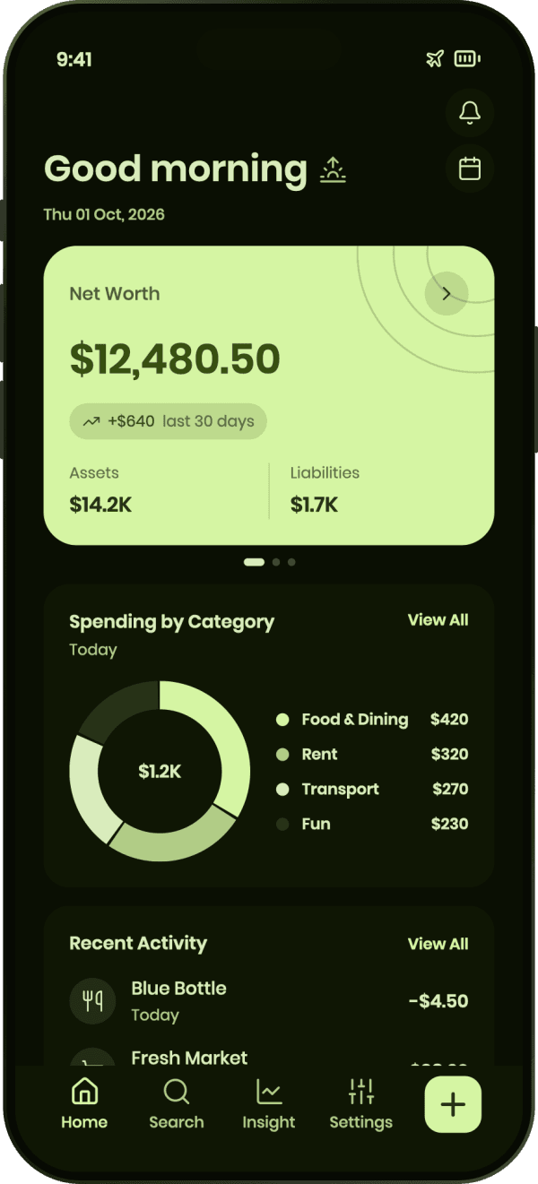 Pocketa dashboard in dark mode with airplane mode on, showing net worth and spending by category