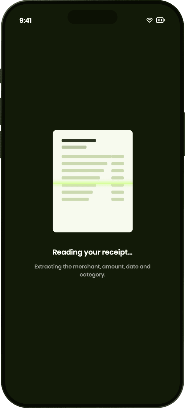 Pocketa receipt scanner reading the merchant, amount and date from a receipt